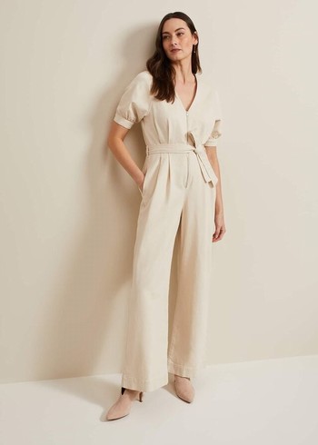 Phase Eight Florisa Denim Jumpsuit Cream USA | 0584273-NS